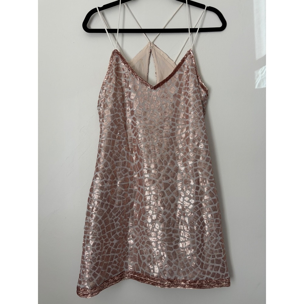 Anthro Rose Gold Sequin Mosaic Mini Dress V-Neck Strappy Cocktail Party Sz S